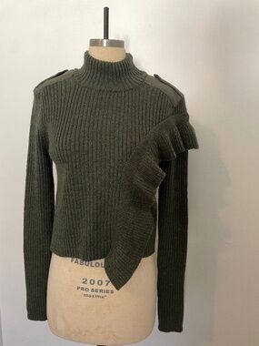 Each x Other Paris Olive Green Ribbed Mock Neck Wool Ruffle Sweater, Women's M